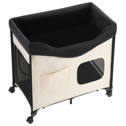 Elevated Lounge Pet Bed, Foldable Bunk Dog Bed with 600D Oxford Cloth and Dutch Velvet, Portable Raised Cot with Wheels, Side Storage Bags, and Carry Bag for Cats & Dogs, L, Beige