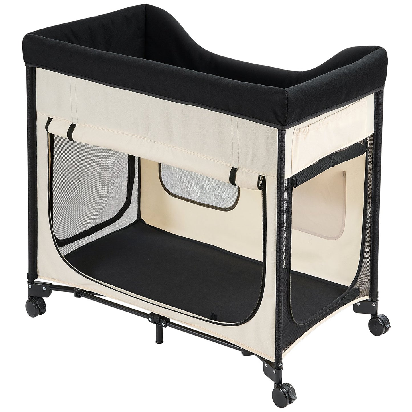 Elevated Lounge Pet Bed, Foldable Bunk Dog Bed with 600D Oxford Cloth and Dutch Velvet, Portable Raised Cot with Wheels, Side Storage Bags, and Carry Bag for Cats & Dogs, L, Beige