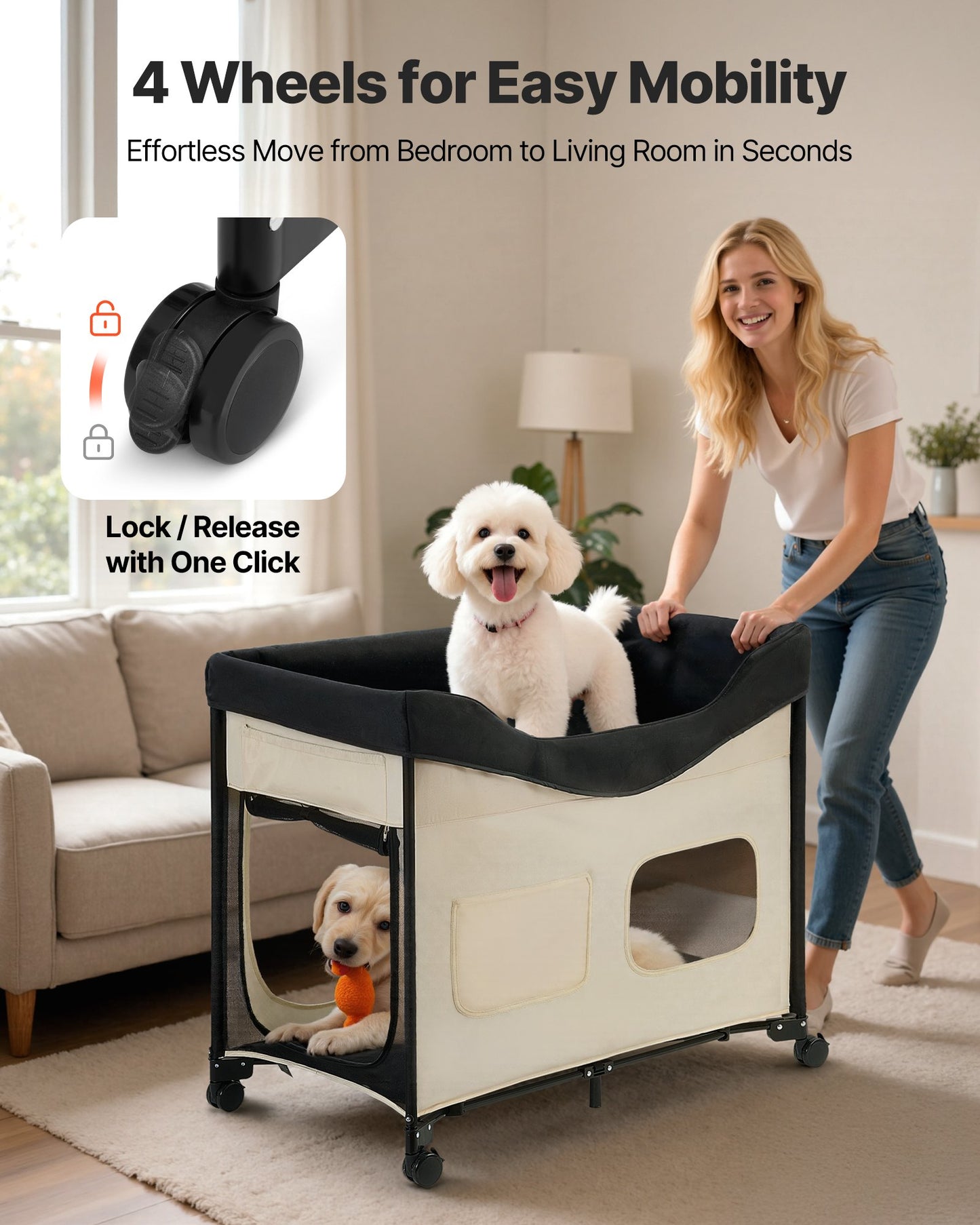 Elevated Lounge Pet Bed, Foldable Bunk Dog Bed with 600D Oxford Cloth and Dutch Velvet, Portable Raised Cot with Wheels, Side Storage Bags, and Carry Bag for Cats & Dogs, XL, Beige