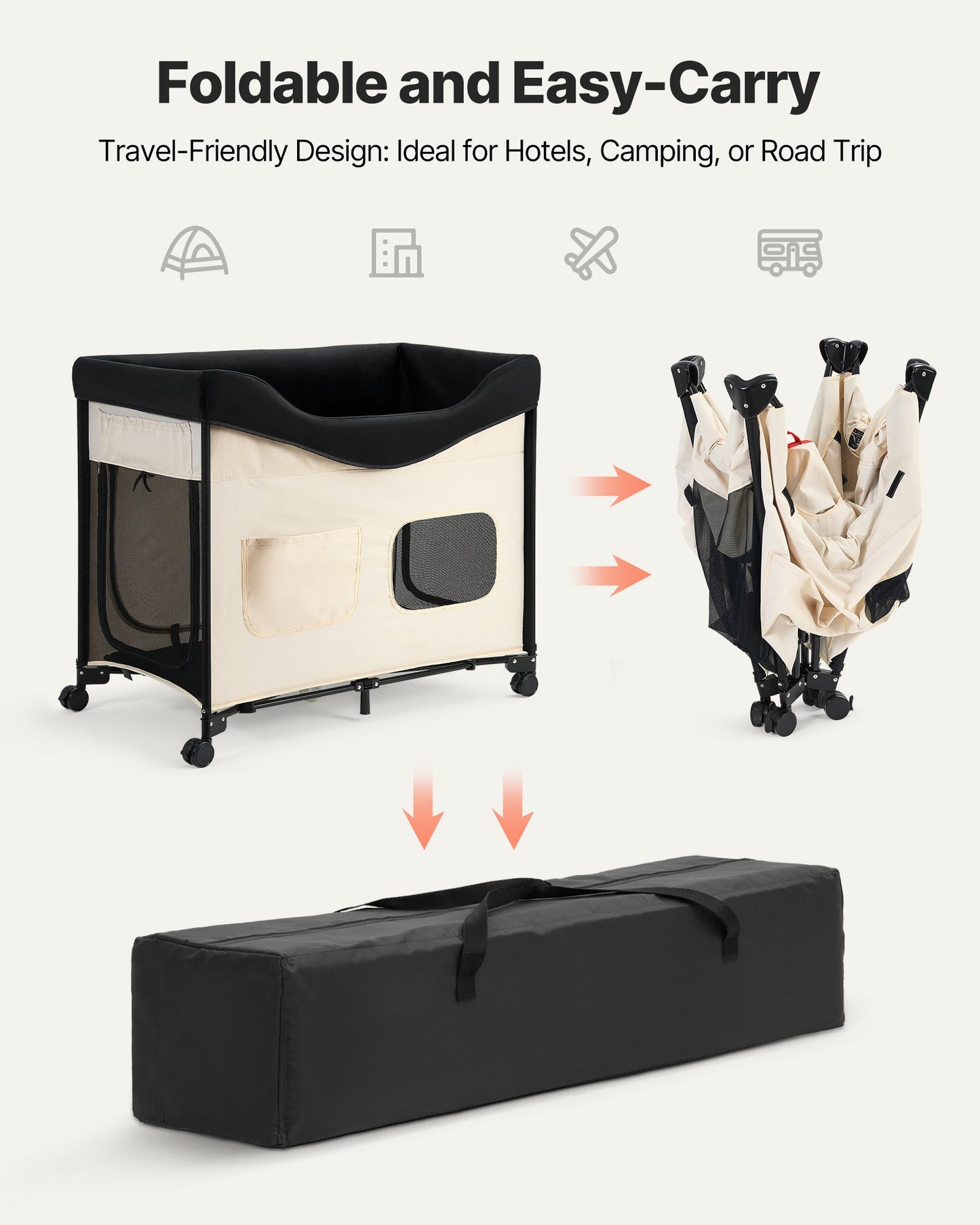 Elevated Lounge Pet Bed, Foldable Bunk Dog Bed with 600D Oxford Cloth and Dutch Velvet, Portable Raised Cot with Wheels, Side Storage Bags, and Carry Bag for Cats & Dogs, XL, Beige