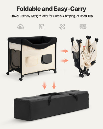Elevated Lounge Pet Bed, Foldable Bunk Dog Bed with 600D Oxford Cloth and Dutch Velvet, Portable Raised Cot with Wheels, Side Storage Bags, and Carry Bag for Cats & Dogs, XL, Beige
