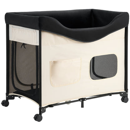 Elevated Lounge Pet Bed, Foldable Bunk Dog Bed with 600D Oxford Cloth and Dutch Velvet, Portable Raised Cot with Wheels, Side Storage Bags, and Carry Bag for Cats & Dogs, XL, Beige