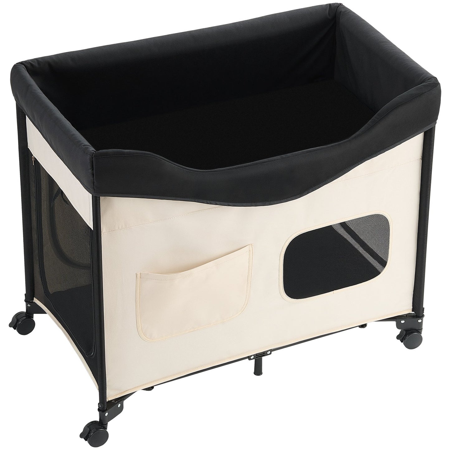 Elevated Lounge Pet Bed, Foldable Bunk Dog Bed with 600D Oxford Cloth and Dutch Velvet, Portable Raised Cot with Wheels, Side Storage Bags, and Carry Bag for Cats & Dogs, XL, Beige