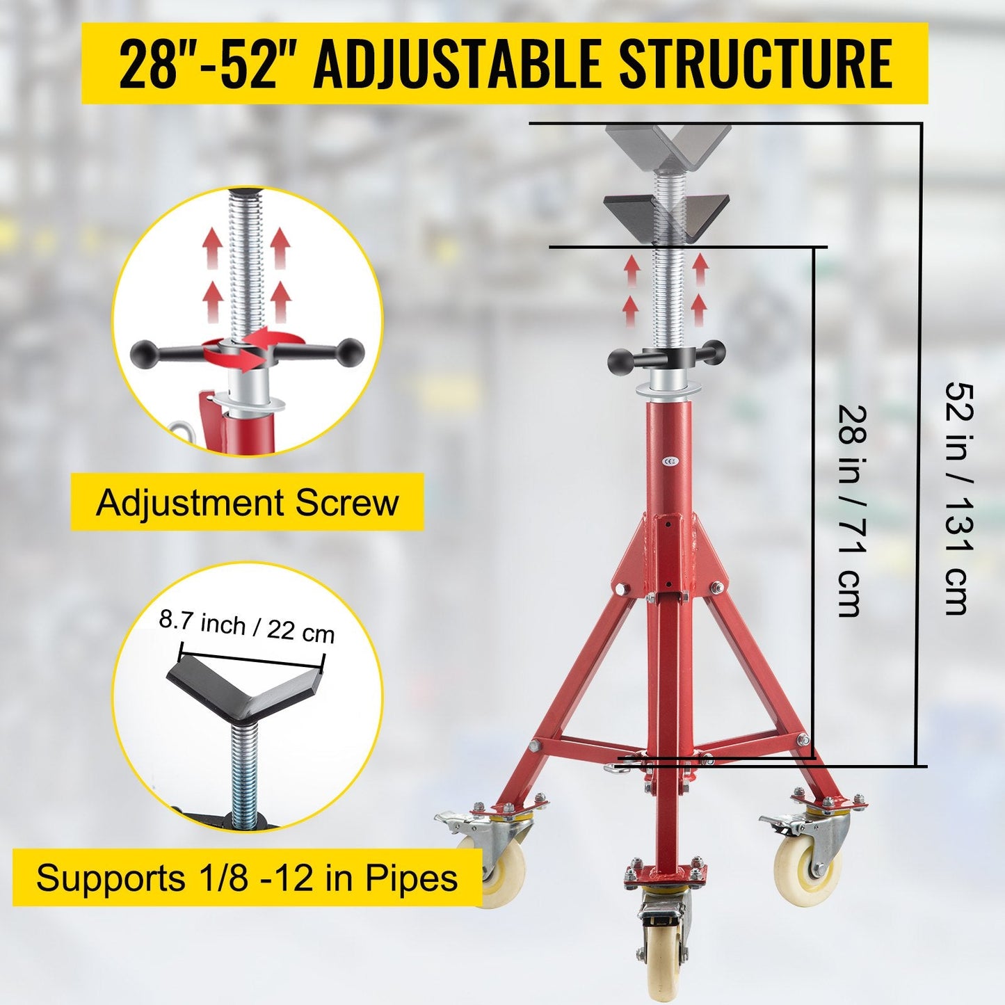 Adjustable Pipe Jack Stand with Casters, 71-131cm Height, 400kg Capacity