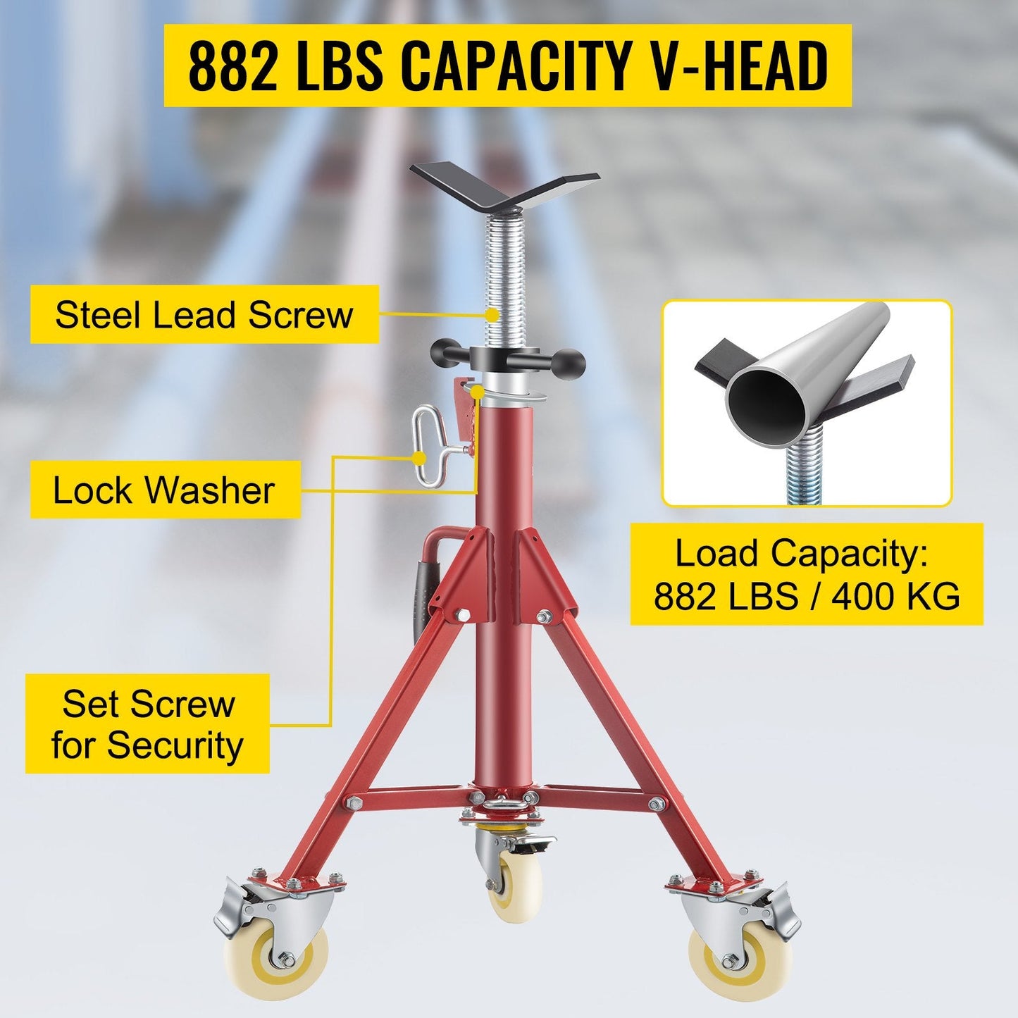 Adjustable Pipe Jack Stand with Casters, 71-131cm Height, 400kg Capacity