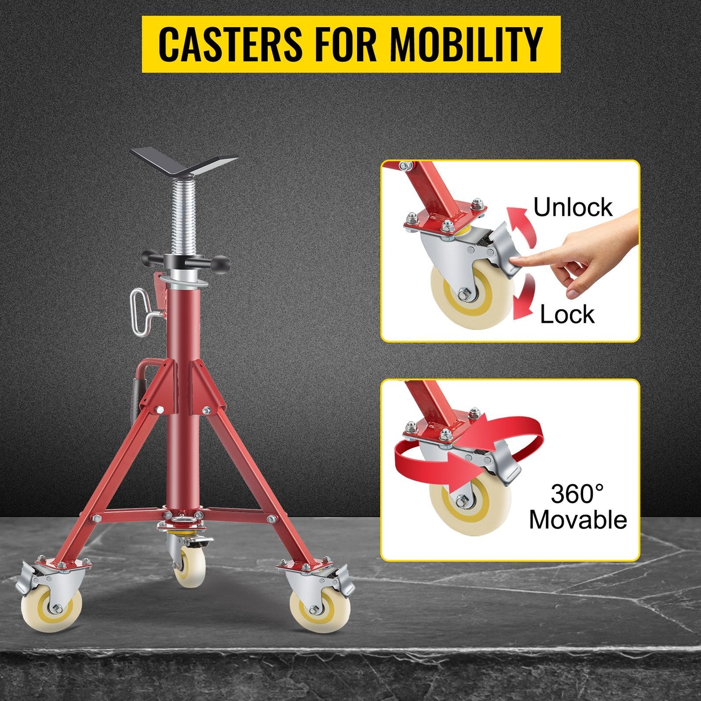 Adjustable Pipe Jack Stand with Casters, 71-131cm Height, 400kg Capacity