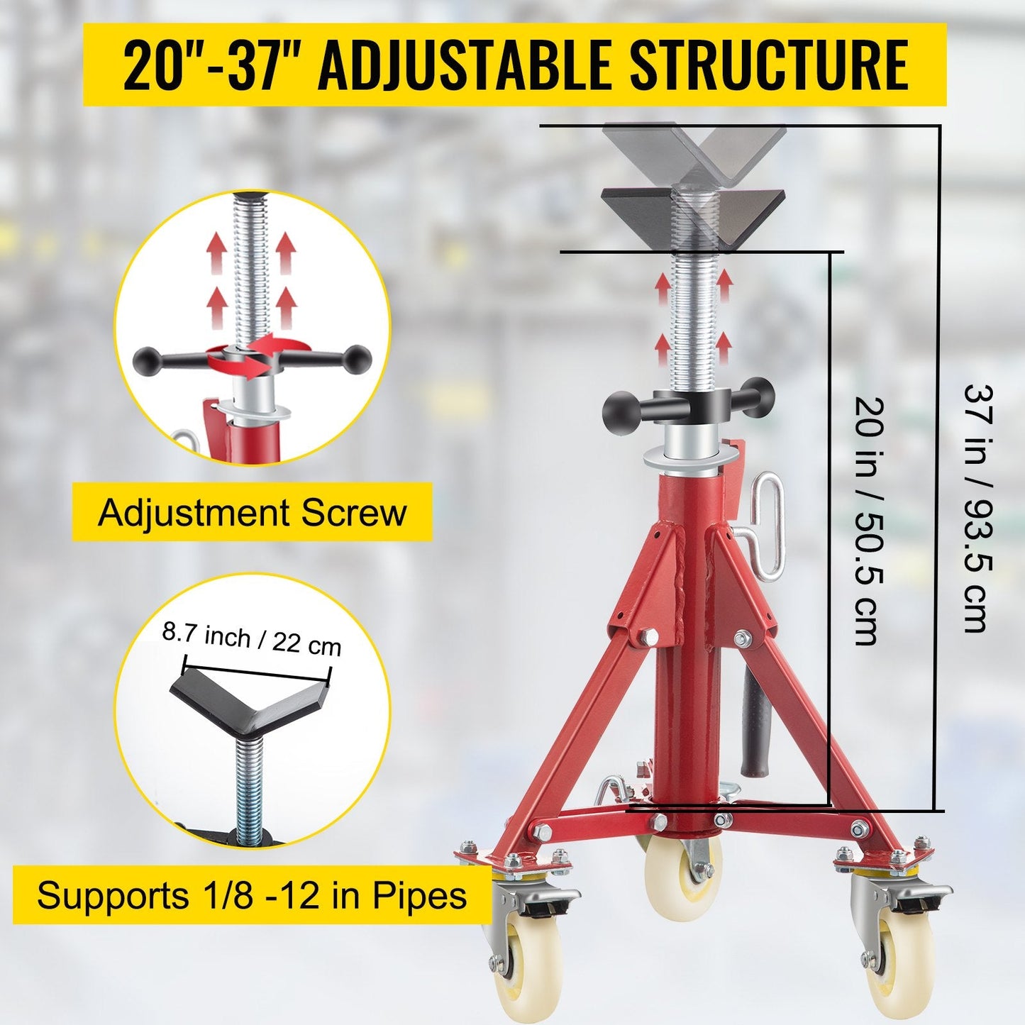 Adjustable Steel Pipe Stand with V-Head and Casters, 400kg Capacity, 0.5-1m Height
