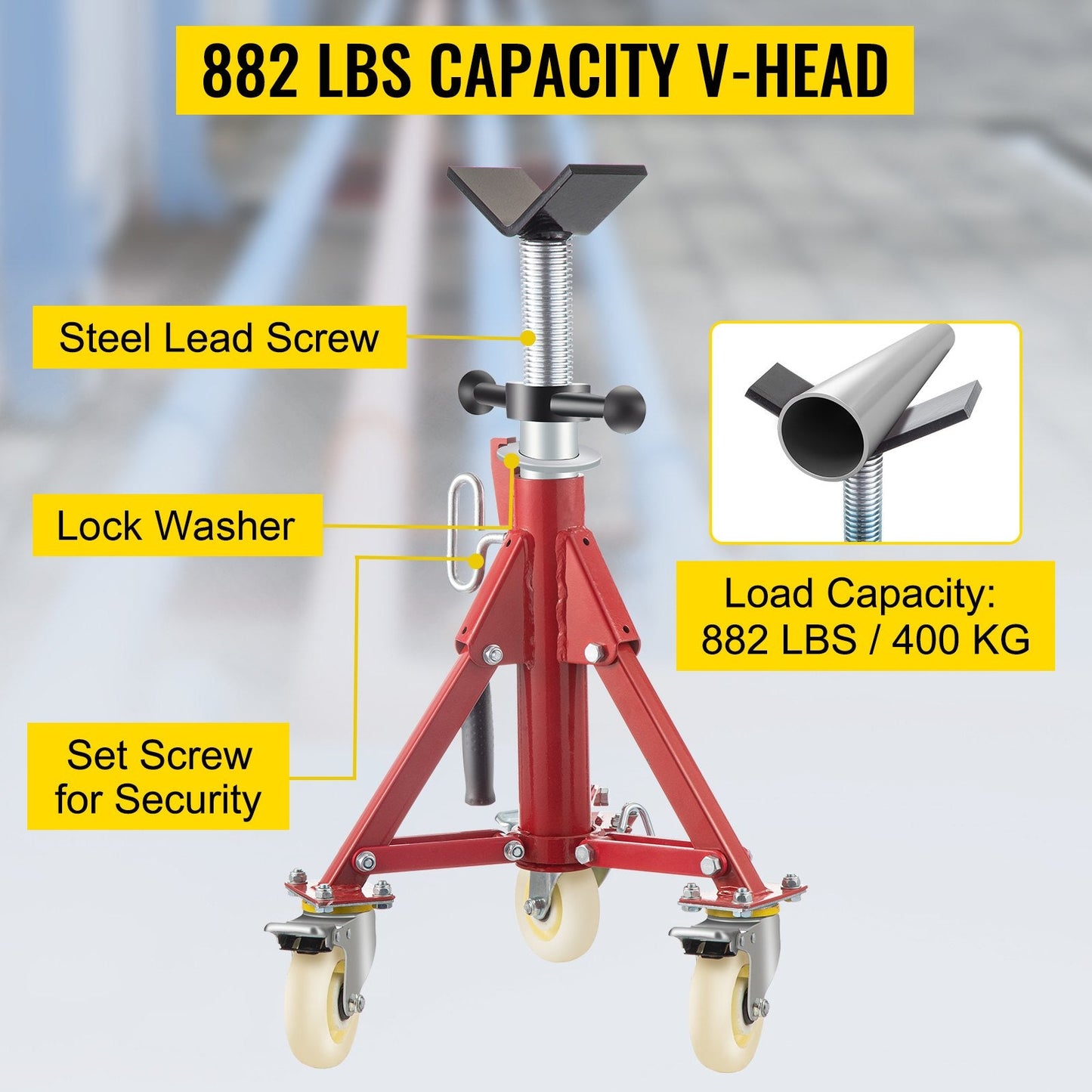 Adjustable Steel Pipe Stand with V-Head and Casters, 400kg Capacity, 0.5-1m Height