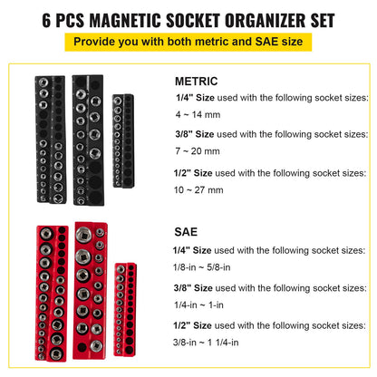 VEVOR 6-Pack Metric and SAE Magnetic Socket Organizers, 1.27cm, 0.95cm, 0.64cm Drive