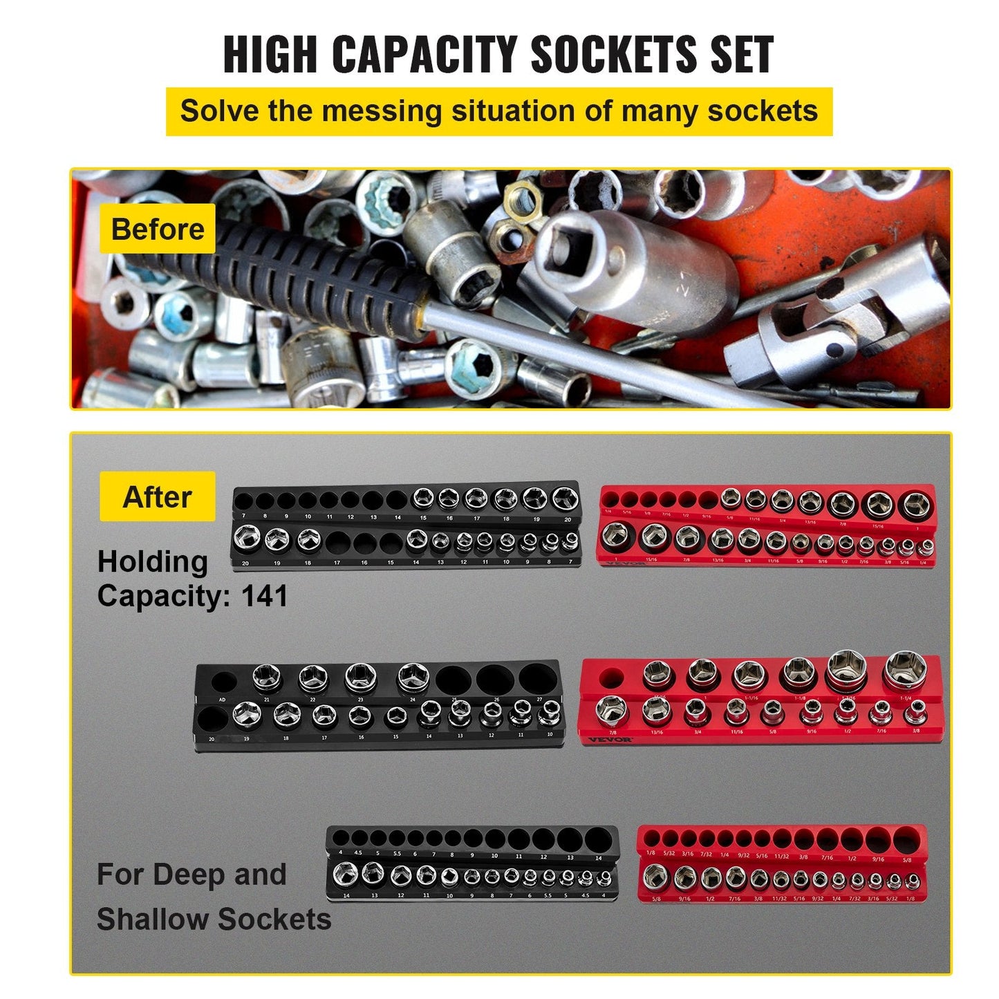 6-Pack Magnetic Socket Organizers, Metric & SAE, 1.27m, 0.95m, 0.64m Drive