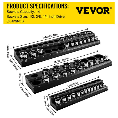 VEVOR 6-Pack Metric and SAE Magnetic Socket Organizers, 1.27cm, 0.95cm, 0.64cm Drive