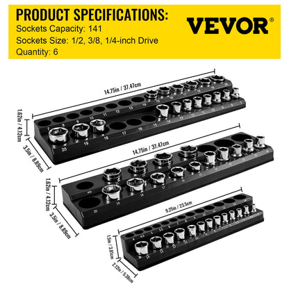 6-Pack Magnetic Socket Organizers, Metric & SAE, 1.27m, 0.95m, 0.64m Drive