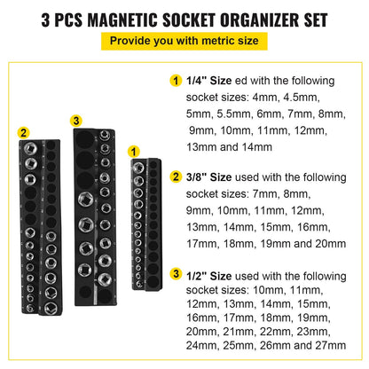 Magnetic Socket Organizer Set: 3 Metric Holders for 75 Sockets, Black, Durable ABS
