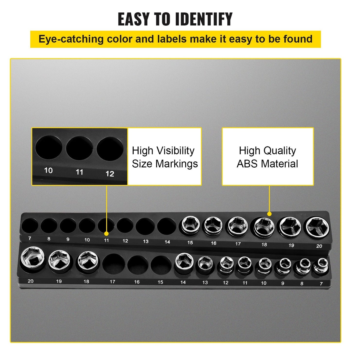 Magnetic Socket Organizer Set: 3 Metric Holders for 75 Sockets, Black, Durable ABS