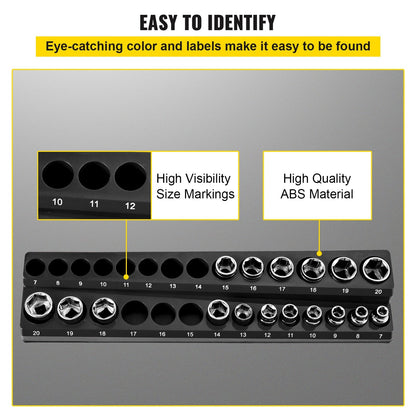 Magnetic Socket Organizer Set: 3 Metric Holders for 75 Sockets, Black, Durable ABS