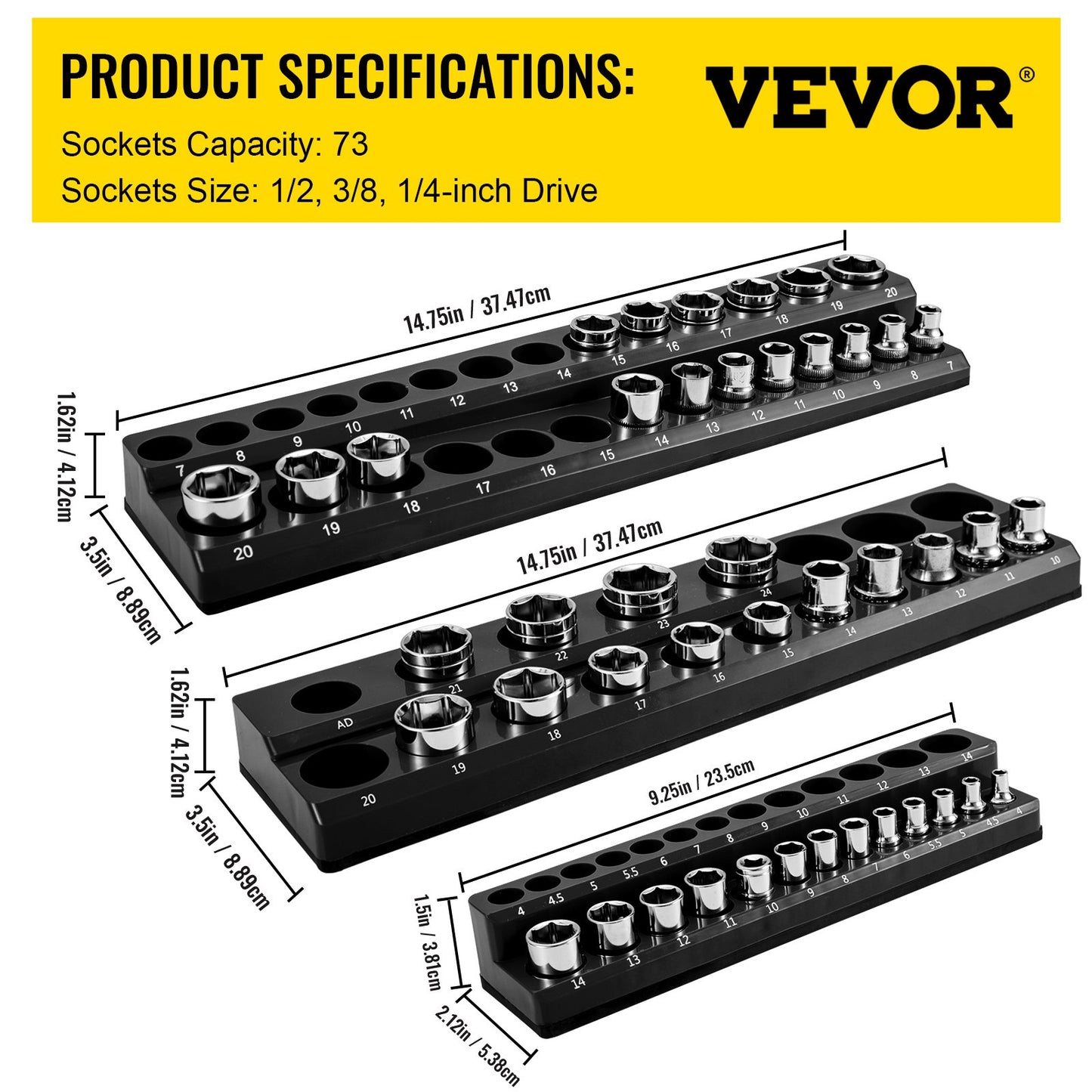 VEVOR 3-Pack Metric Magnetic Socket Organizers, 1.27cm, 0.95cm, 0.64cm Drive Socket