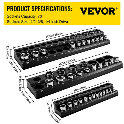 Magnetic Socket Organizer Set: 3 Metric Holders for 75 Sockets, Black, Durable ABS