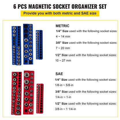 6-Pack Magnetic Socket Organizers for Metric & SAE, 0.0127m, 0.0095m, 0.0064m Drives