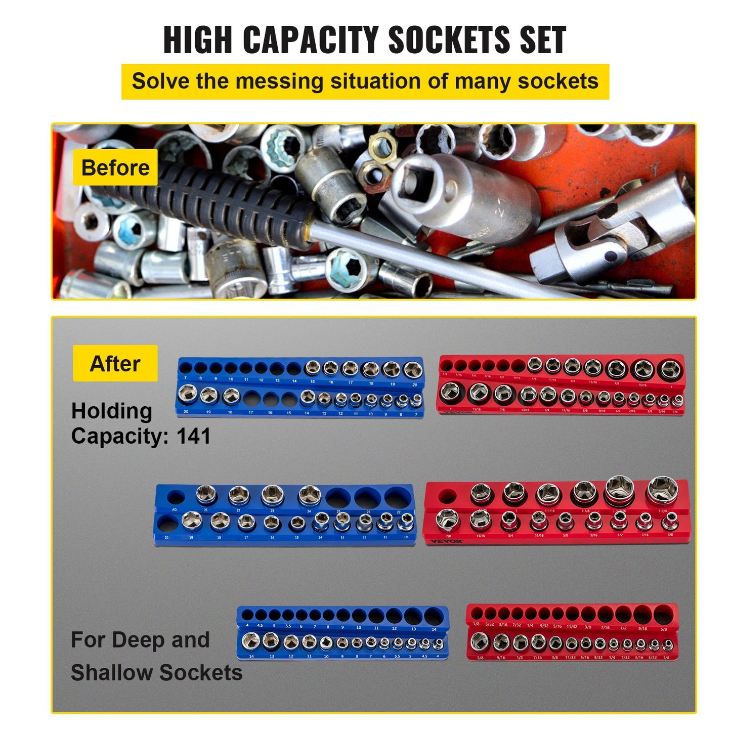 VEVOR 6-Pack Metric and SAE Magnetic Socket Organizers, 1.27cm, 0.95cm, 0.64cm Drive