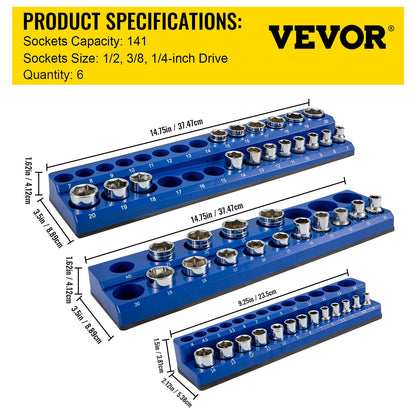 VEVOR 6-Pack Metric and SAE Magnetic Socket Organizers, 1.27cm, 0.95cm, 0.64cm Drive