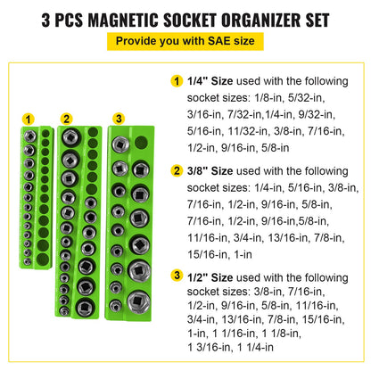 VEVOR 3-Pack Metric Magnetic Socket Organizers, 1/2-inch, 3/8-inch, 1/4-inch Drive