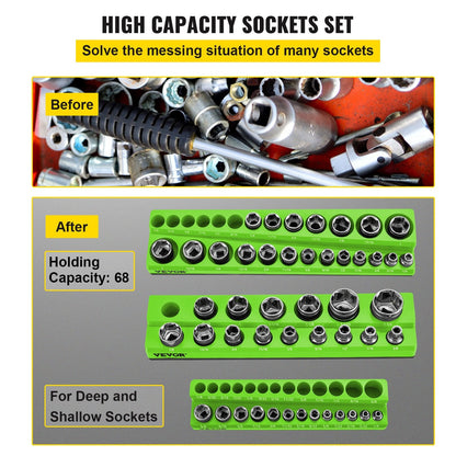 Magnetic Metric Socket Organizers Set, 1/2m, 3/8m, 1/4m Drive, Holds 68 Sockets