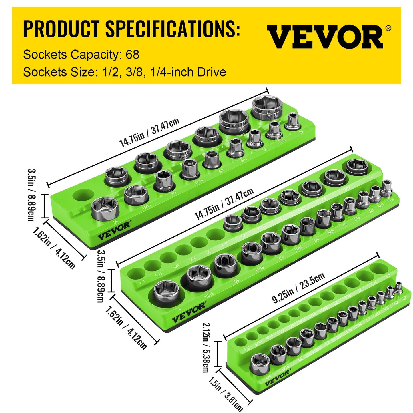 VEVOR 3-Pack Metric Magnetic Socket Organizers, 1/2-inch, 3/8-inch, 1/4-inch Drive