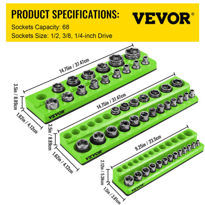 VEVOR 3-Pack Metric Magnetic Socket Organizers, 1/2-inch, 3/8-inch, 1/4-inch Drive
