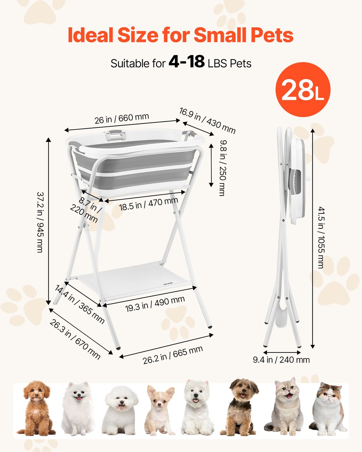 Dog Bathtub, Elevated Dog Bath Tub, 2 in 1 Collapsible Pet Bathing Grooming Wash Station, Portable Foldable Space-saving, Built-in Drain Outlet with Drain Hose for Small Pet Cat, Gray & White