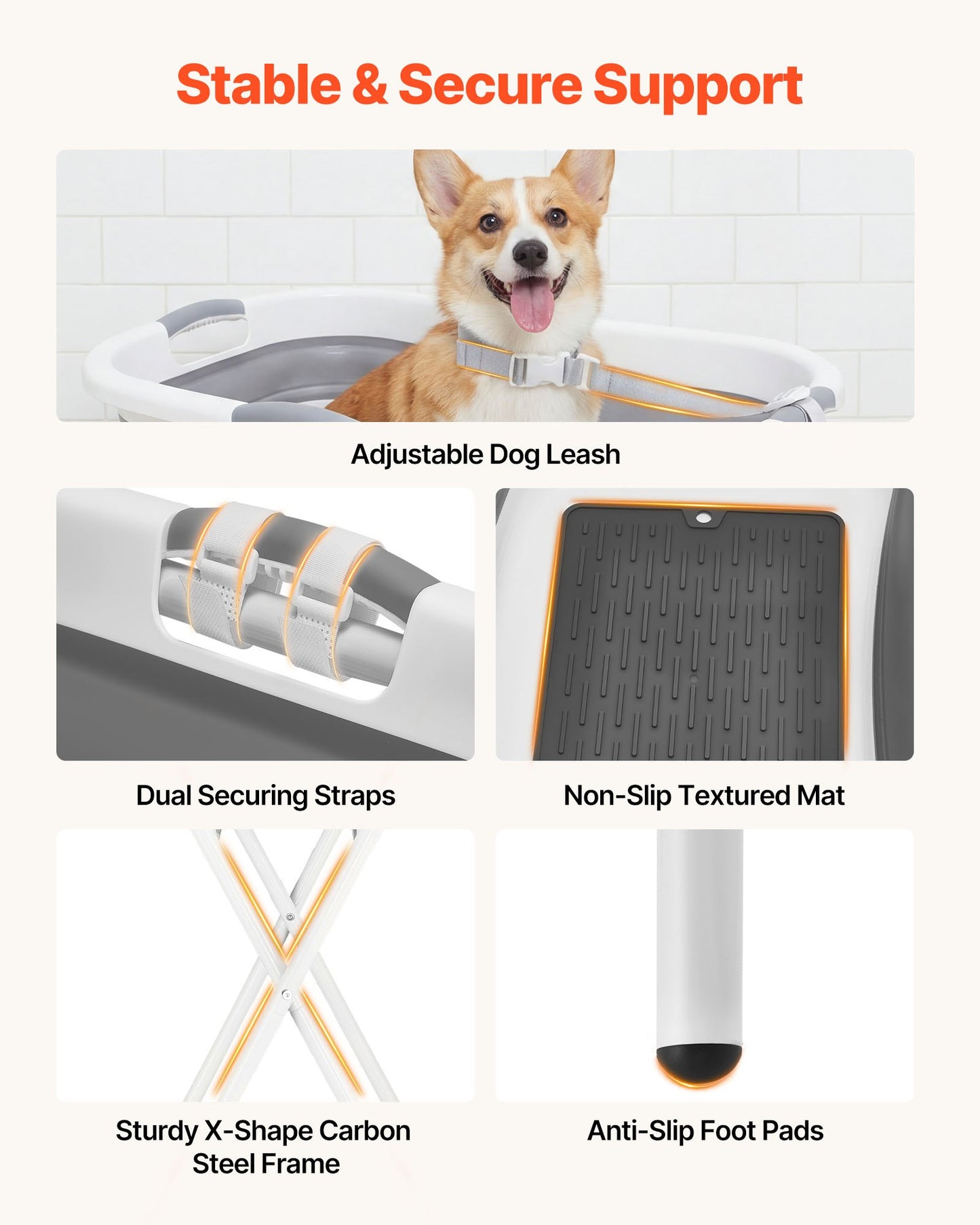 Dog Bathtub, Elevated Dog Bath Tub, 2 in 1 Collapsible Pet Bathing Grooming Wash Station, Portable Foldable Space-saving, Built-in Drain Outlet with Drain Hose for Small Pet Cat, Gray & White
