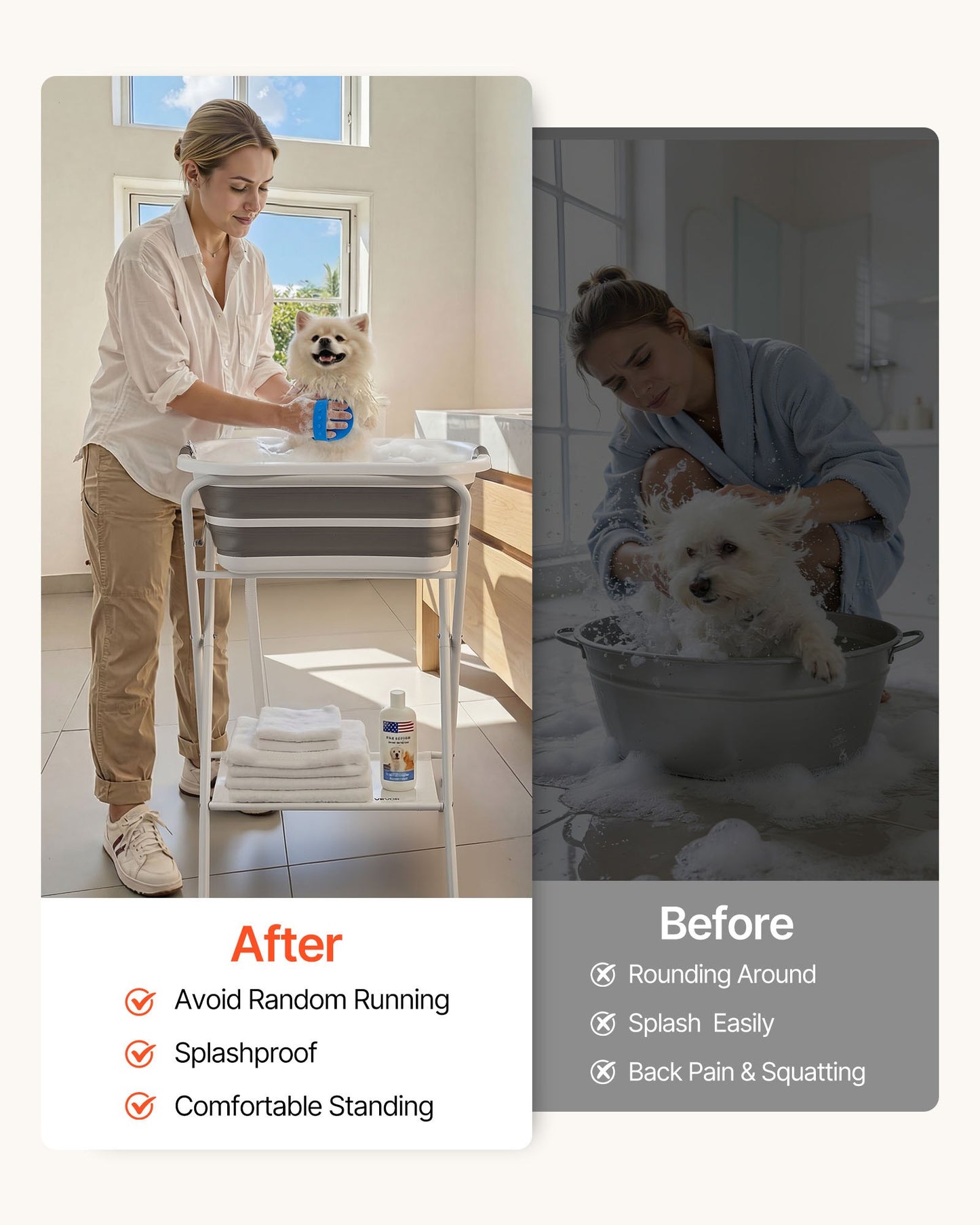 Dog Bathtub, Elevated Dog Bath Tub, 2 in 1 Collapsible Pet Bathing Grooming Wash Station, Portable Foldable Space-saving, Built-in Drain Outlet with Drain Hose for Small Pet Cat, Gray & White