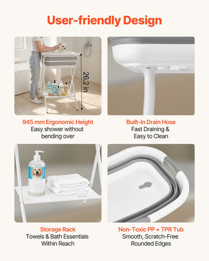 Dog Bathtub, Elevated Dog Bath Tub, 2 in 1 Collapsible Pet Bathing Grooming Wash Station, Portable Foldable Space-saving, Built-in Drain Outlet with Drain Hose for Small Pet Cat, Gray & White