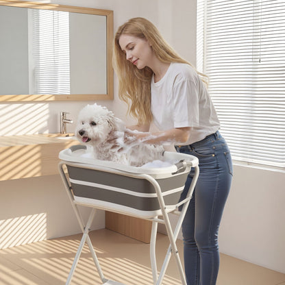 Dog Bathtub, Elevated Dog Bath Tub, 2 in 1 Collapsible Pet Bathing Grooming Wash Station, Portable Foldable Space-saving, Built-in Drain Outlet with Drain Hose for Small Pet Cat, Gray & White