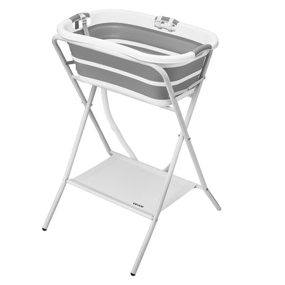 Dog Bathtub, Elevated Dog Bath Tub, 2 in 1 Collapsible Pet Bathing Grooming Wash Station, Portable Foldable Space-saving, Built-in Drain Outlet with Drain Hose for Small Pet Cat, Gray & White