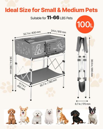 Dog Bathtub, Elevated Dog Bath Tub, Collapsible Pet Bathing Grooming Wash Station, Portable Foldable Space-saving, with Built-In Drain Hose for Small and Medium Pet Cat Indoor & Outdoor, Gray
