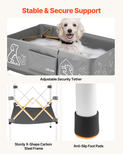 Dog Bathtub, Elevated Dog Bath Tub, Collapsible Pet Bathing Grooming Wash Station, Portable Foldable Space-saving, with Built-In Drain Hose for Small and Medium Pet Cat Indoor & Outdoor, Gray