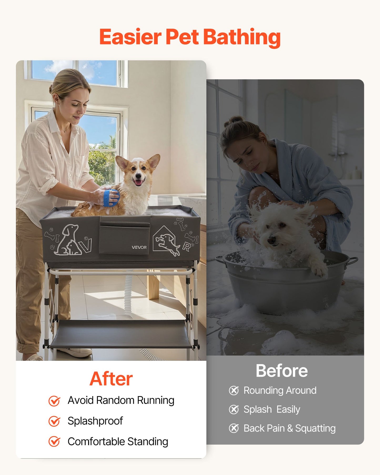 Dog Bathtub, Elevated Dog Bath Tub, Collapsible Pet Bathing Grooming Wash Station, Portable Foldable Space-saving, with Built-In Drain Hose for Small and Medium Pet Cat Indoor & Outdoor, Gray