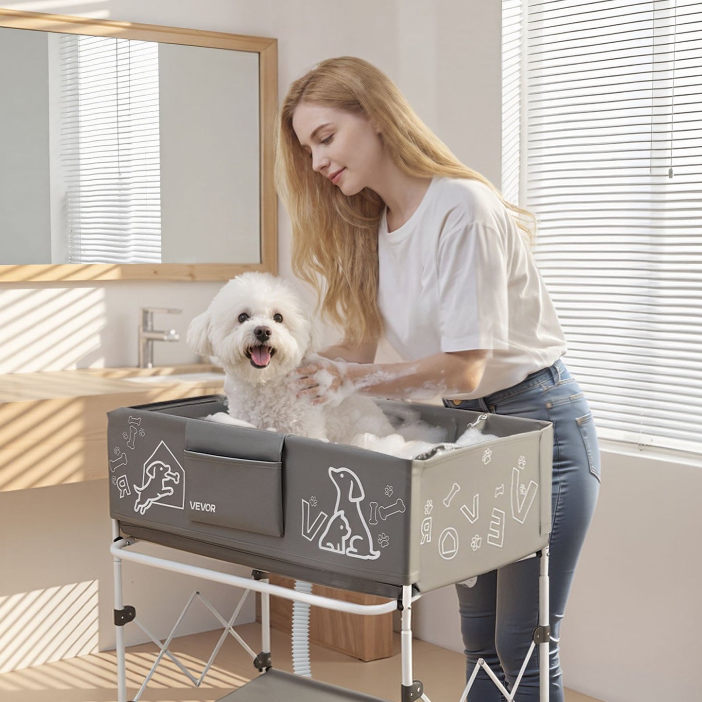 Dog Bathtub, Elevated Dog Bath Tub, Collapsible Pet Bathing Grooming Wash Station, Portable Foldable Space-saving, with Built-In Drain Hose for Small and Medium Pet Cat Indoor & Outdoor, Gray