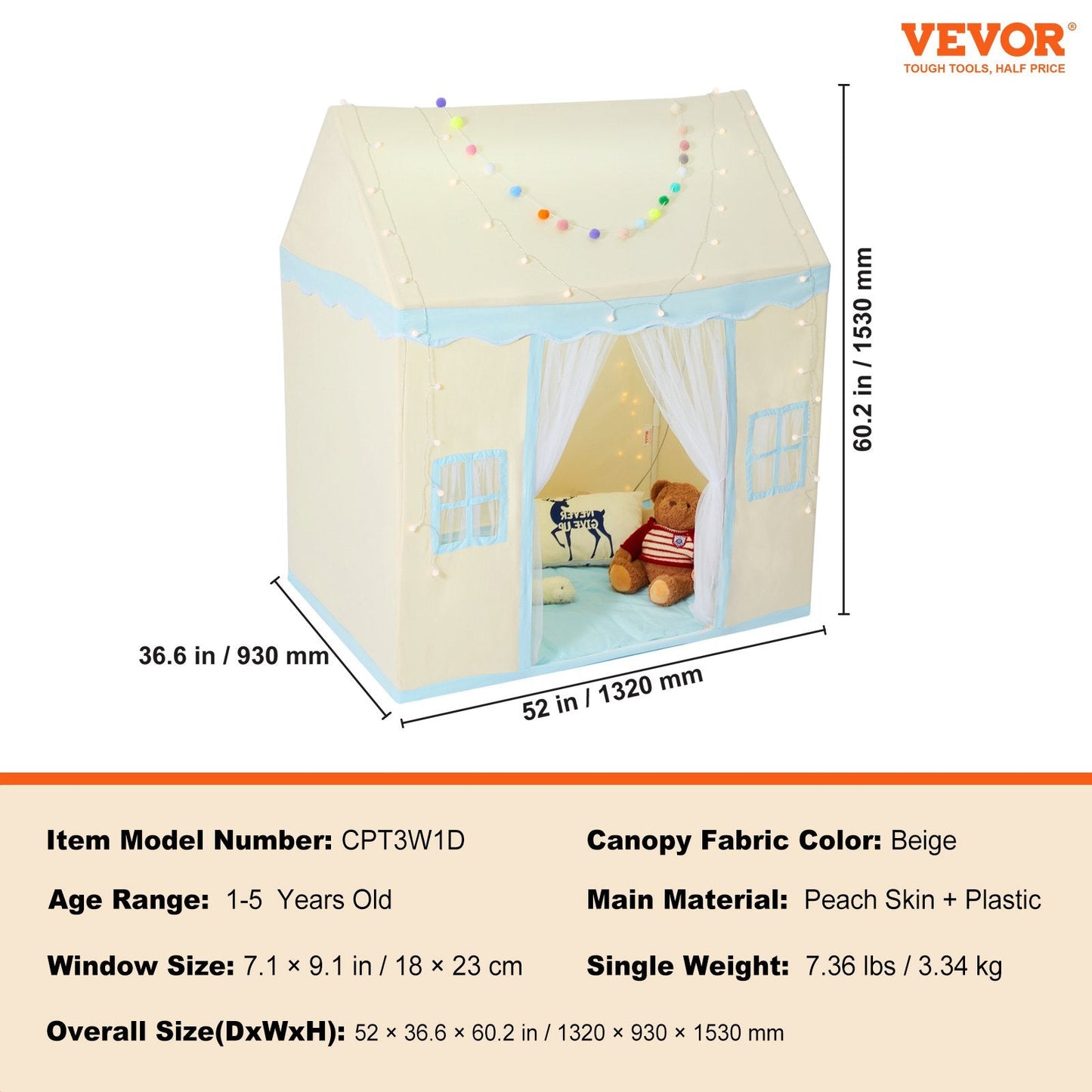 Kids Playhouse Tent with Mat & Lamp, Indoor/Outdoor, Ages 1-5, Beige