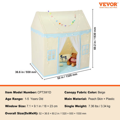 Kids Playhouse Tent with Mat & Lamp, Indoor/Outdoor, Ages 1-5, Beige
