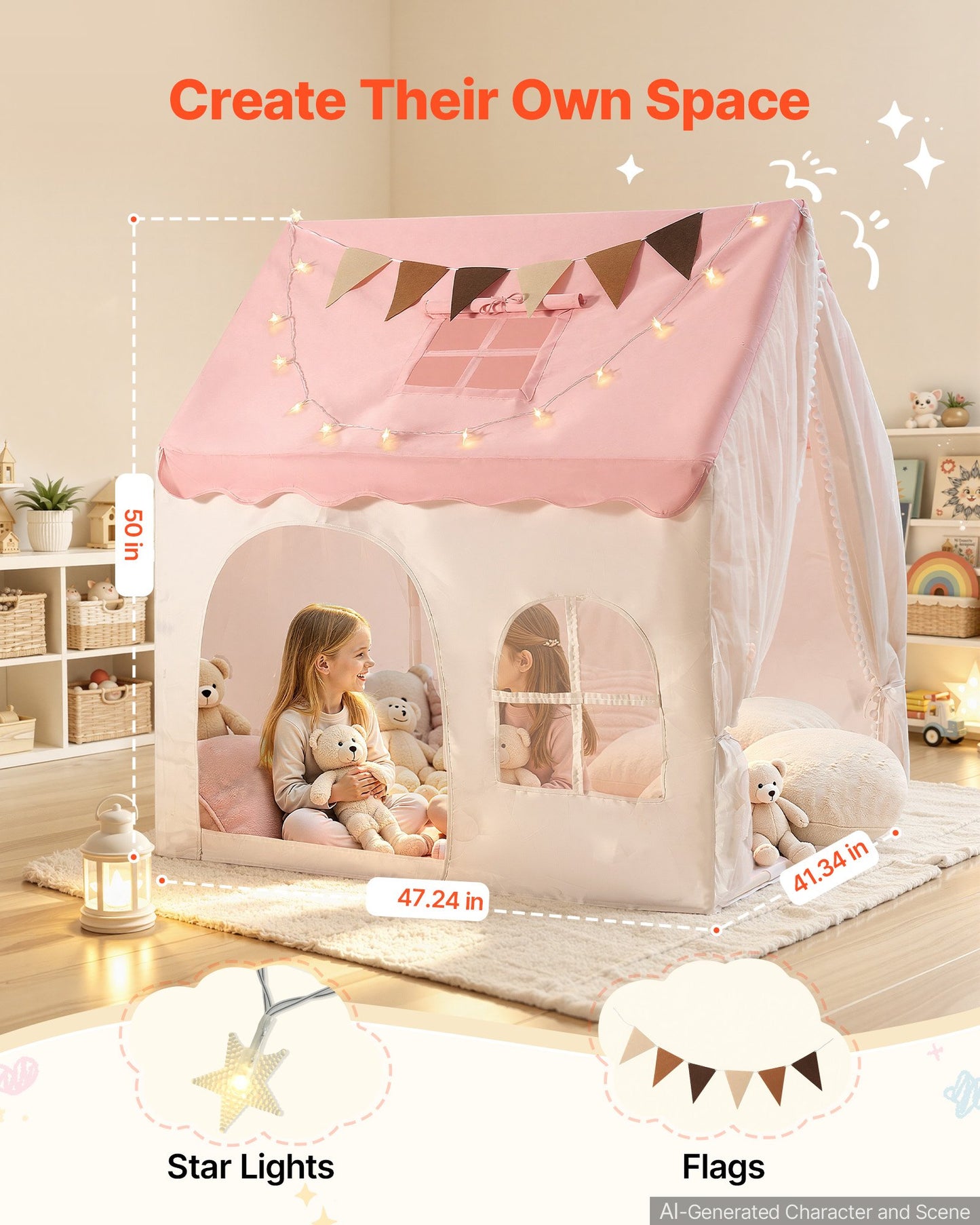 Kids Play Tent PVC Frame Playhouse for Kids with Padded Mat Pink, for Toddlers Girls Boys, Indoor & Outdoor, Reading Nook Nap Bed Tent, with Stars Lights, Carry Bag, Flag, Breathable Window