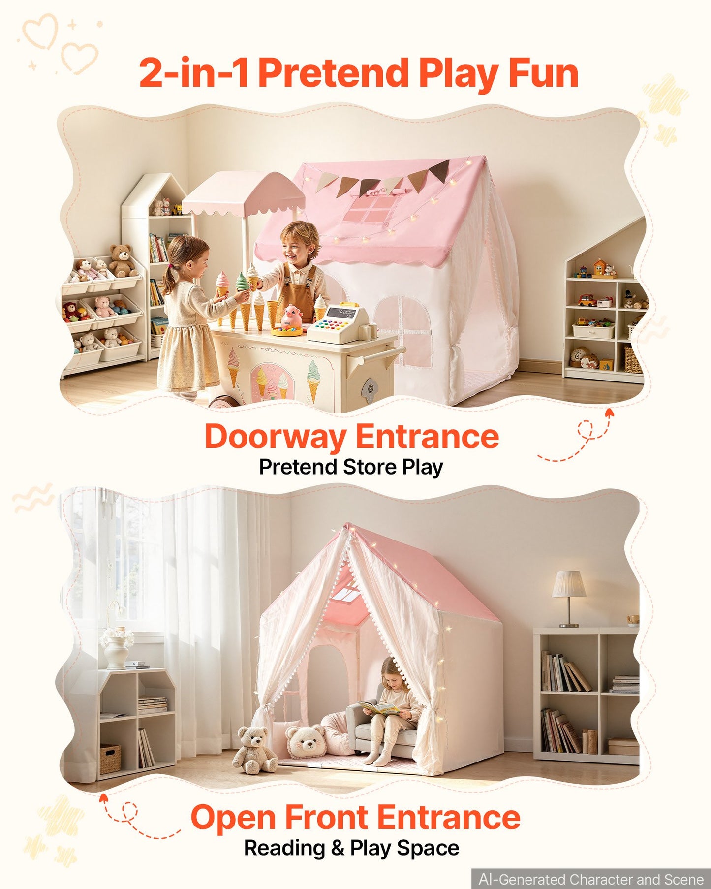Kids Play Tent PVC Frame Playhouse for Kids with Padded Mat Pink, for Toddlers Girls Boys, Indoor & Outdoor, Reading Nook Nap Bed Tent, with Stars Lights, Carry Bag, Flag, Breathable Window