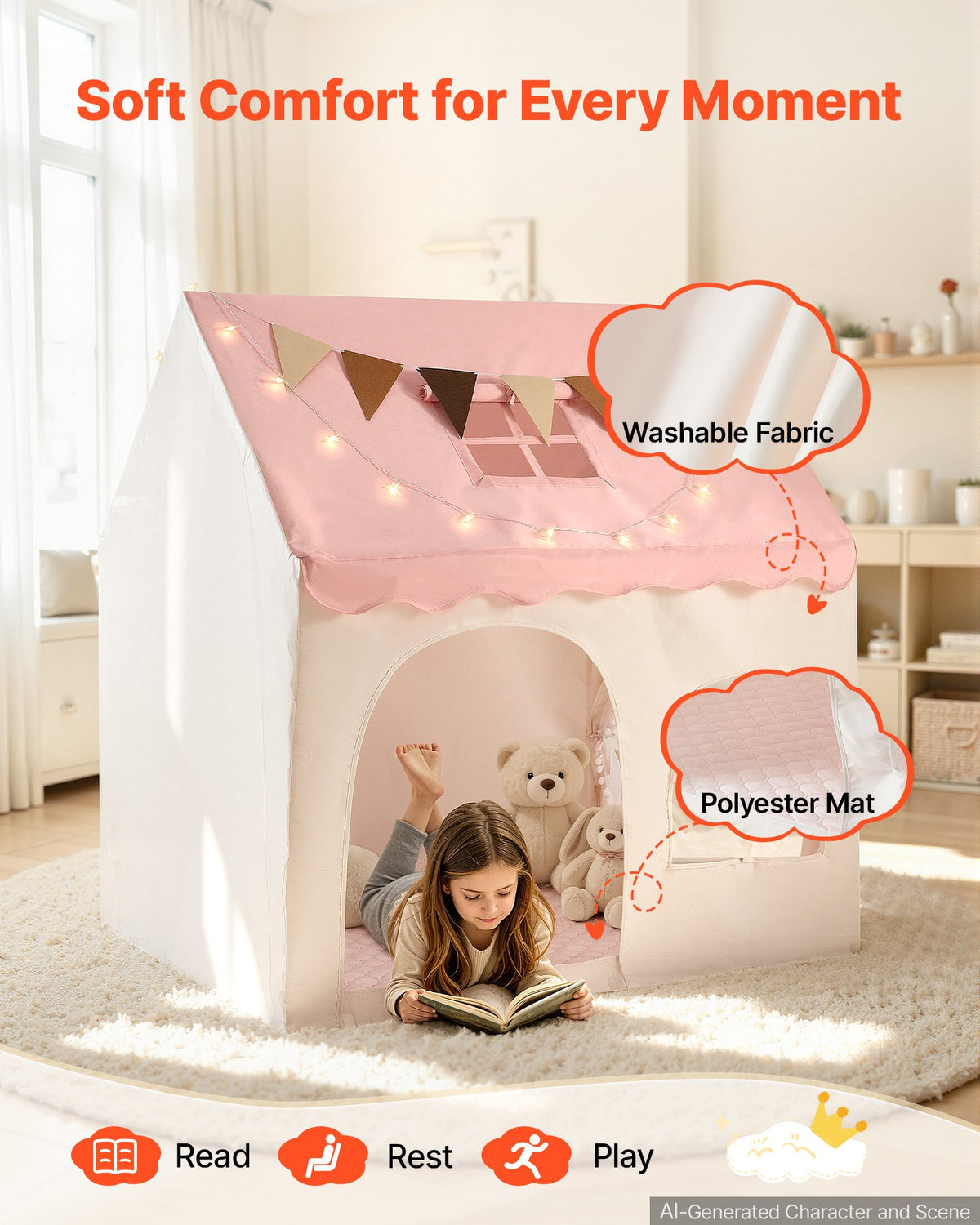 Kids Play Tent PVC Frame Playhouse for Kids with Padded Mat Pink, for Toddlers Girls Boys, Indoor & Outdoor, Reading Nook Nap Bed Tent, with Stars Lights, Carry Bag, Flag, Breathable Window