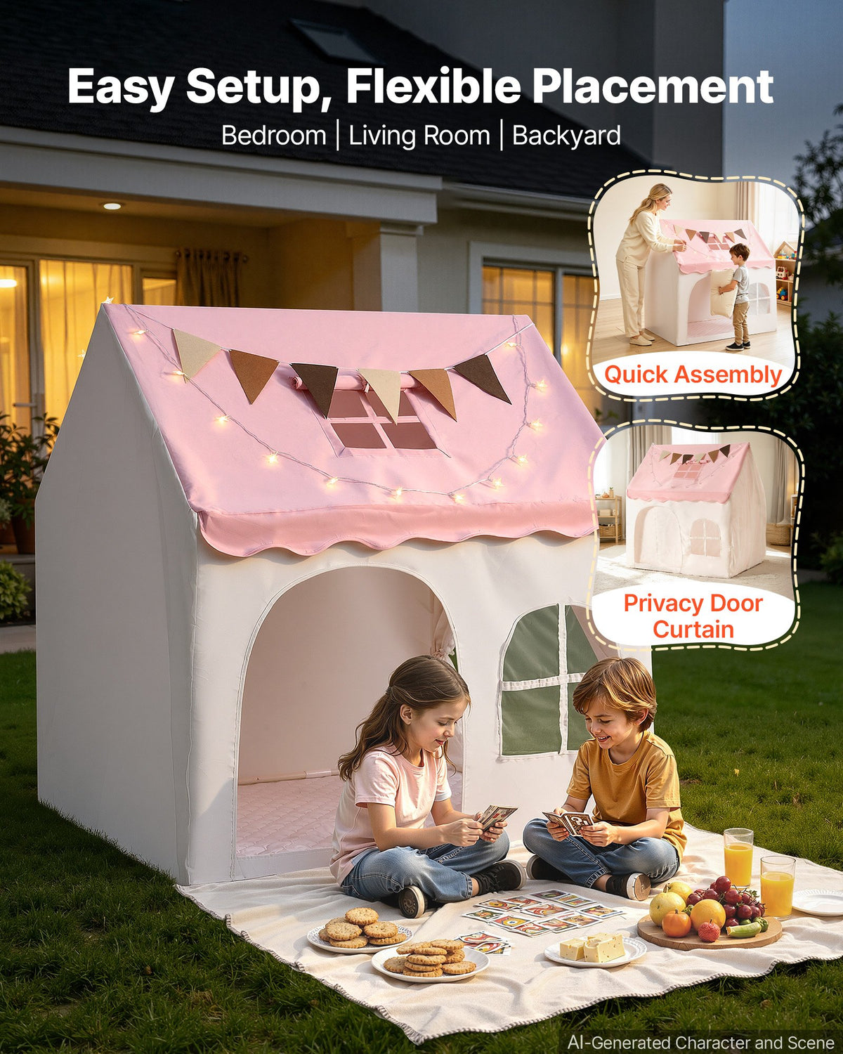 Kids Play Tent PVC Frame Playhouse for Kids with Padded Mat Pink, for Toddlers Girls Boys, Indoor & Outdoor, Reading Nook Nap Bed Tent, with Stars Lights, Carry Bag, Flag, Breathable Window