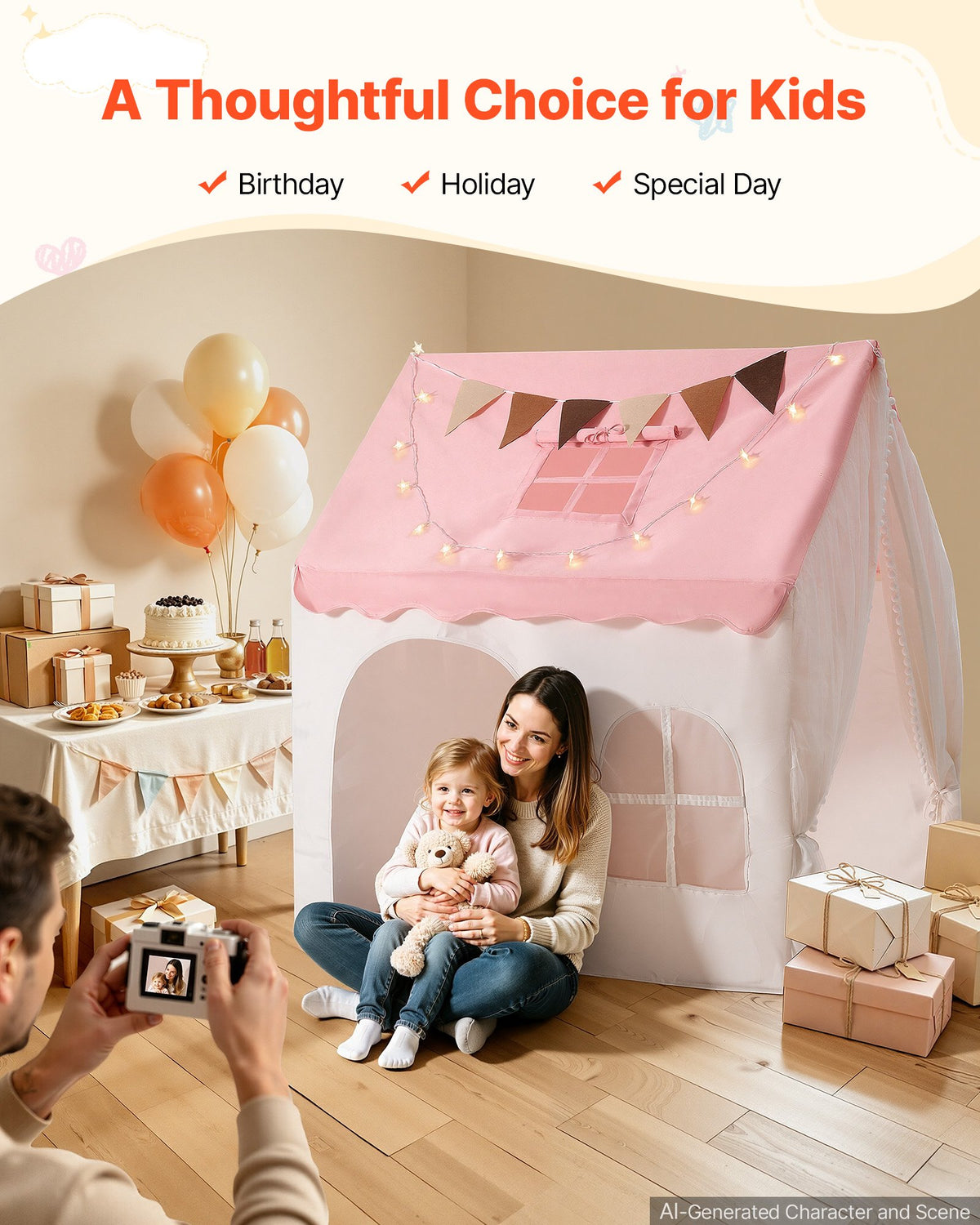 Kids Play Tent PVC Frame Playhouse for Kids with Padded Mat Pink, for Toddlers Girls Boys, Indoor & Outdoor, Reading Nook Nap Bed Tent, with Stars Lights, Carry Bag, Flag, Breathable Window