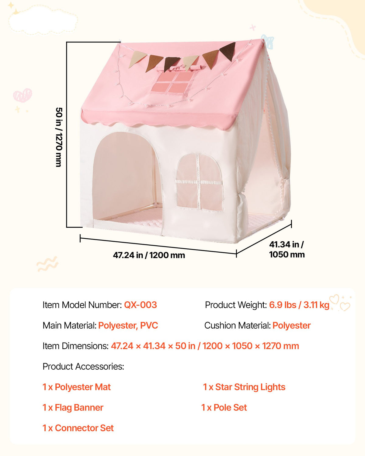 Kids Play Tent PVC Frame Playhouse for Kids with Padded Mat Pink, for Toddlers Girls Boys, Indoor & Outdoor, Reading Nook Nap Bed Tent, with Stars Lights, Carry Bag, Flag, Breathable Window