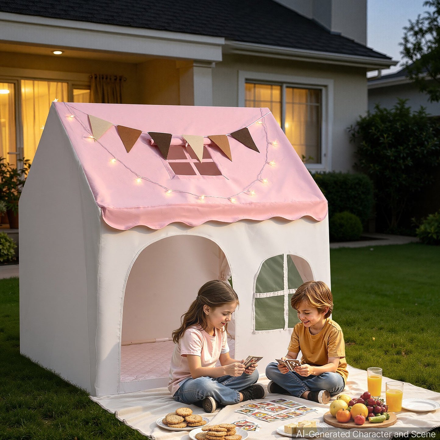 Kids Play Tent PVC Frame Playhouse for Kids with Padded Mat Pink, for Toddlers Girls Boys, Indoor & Outdoor, Reading Nook Nap Bed Tent, with Stars Lights, Carry Bag, Flag, Breathable Window