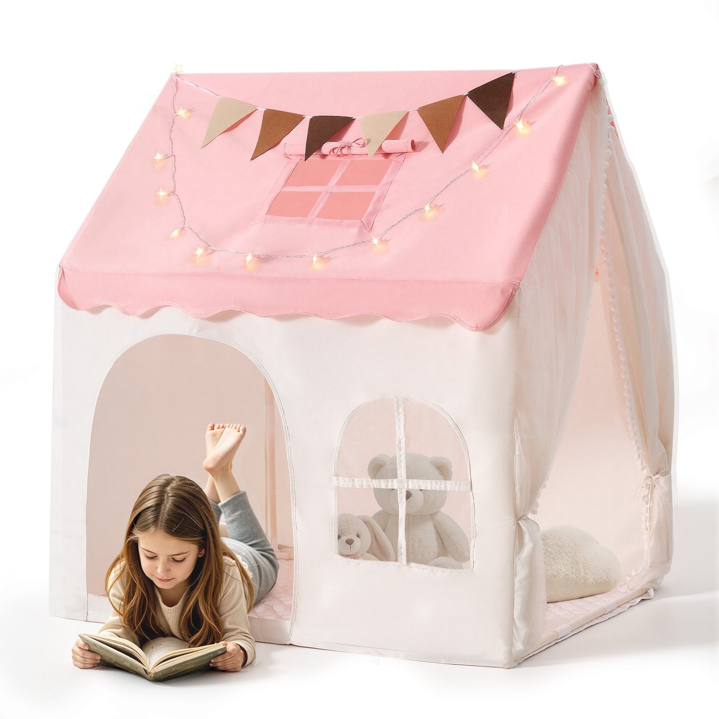 Kids Play Tent PVC Frame Playhouse for Kids with Padded Mat Pink, for Toddlers Girls Boys, Indoor & Outdoor, Reading Nook Nap Bed Tent, with Stars Lights, Carry Bag, Flag, Breathable Window