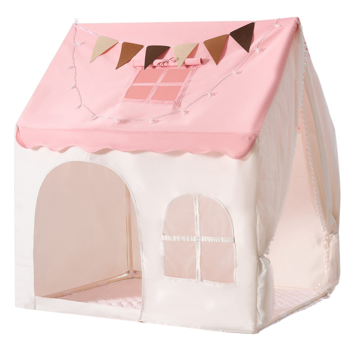 Kids Play Tent PVC Frame Playhouse for Kids with Padded Mat Pink, for Toddlers Girls Boys, Indoor & Outdoor, Reading Nook Nap Bed Tent, with Stars Lights, Carry Bag, Flag, Breathable Window