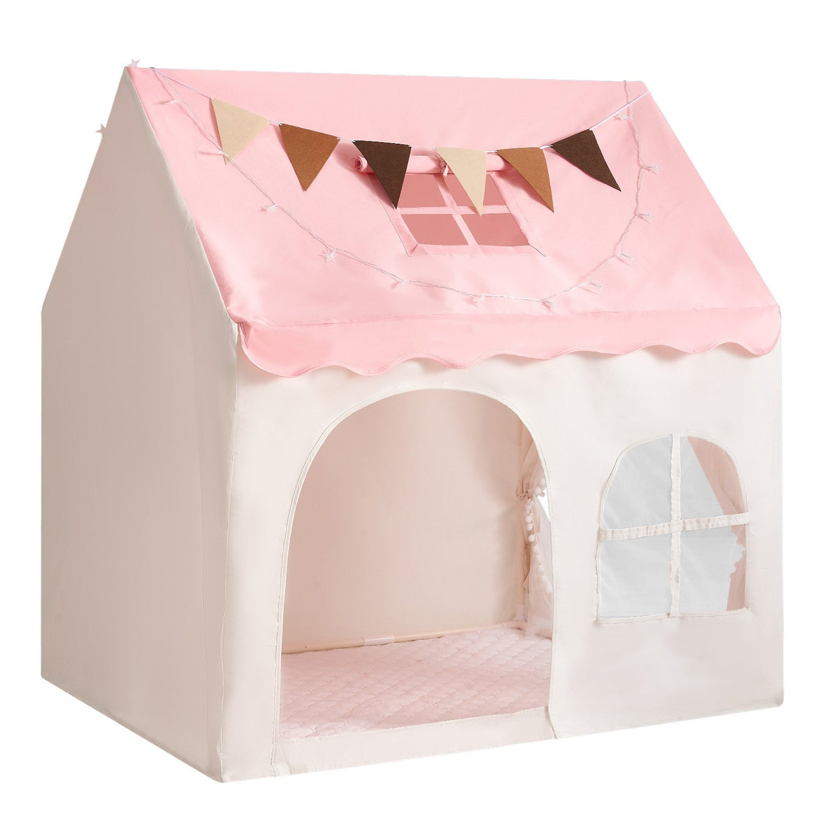 Kids Play Tent PVC Frame Playhouse for Kids with Padded Mat Pink, for Toddlers Girls Boys, Indoor & Outdoor, Reading Nook Nap Bed Tent, with Stars Lights, Carry Bag, Flag, Breathable Window